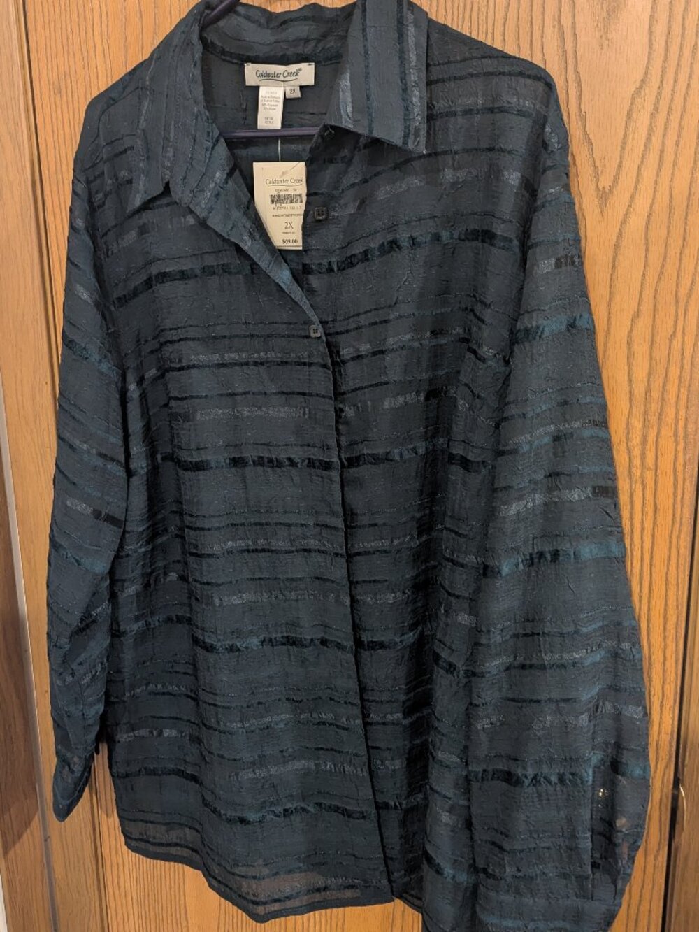 NWT Coldwater Creek Semi Sheer Long Sleeve Button Collar Blouse Dark Green-2X